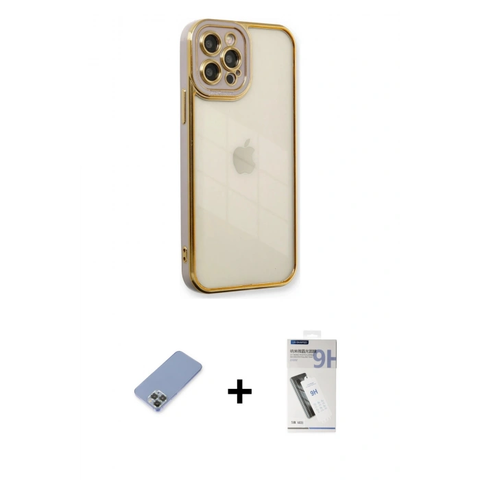 MARSİLYAN™- iPhone 12 Pro Kılıf Çekirdek Klasik Serisi - Şeffaf Uv Polymer Nano Ekran Koruyucu + Metal Kamera Lens Koruma Cam - KUYL