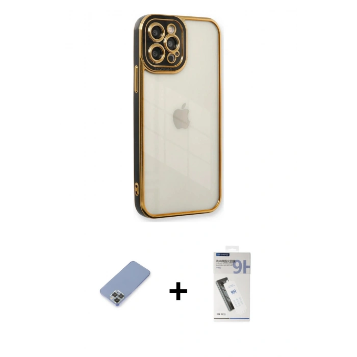 MARSİLYAN™- iPhone 12 Pro Kılıf Çekirdek Klasik Serisi - Şeffaf Uv Polymer Nano Ekran Koruyucu + Metal Kamera Lens Koruma Cam - KUYL