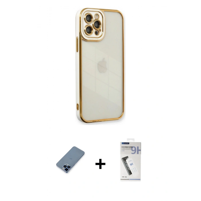 MARSİLYAN™- iPhone 12 Pro Kılıf Çekirdek Klasik Serisi - Şeffaf Uv Polymer Nano Ekran Koruyucu + Metal Kamera Lens Koruma Cam - MI