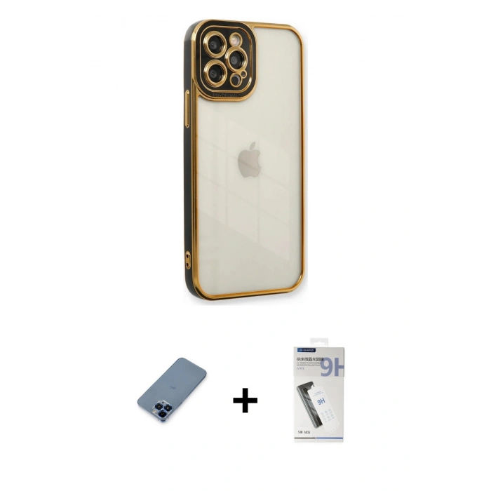 MARSİLYAN™- iPhone 12 Pro Kılıf Çekirdek Klasik Serisi - Şeffaf Uv Polymer Nano Ekran Koruyucu + Metal Kamera Lens Koruma Cam - MI
