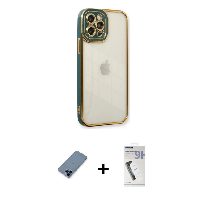 MARSİLYAN™- iPhone 12 Pro Kılıf Çekirdek Klasik Serisi - Şeffaf Uv Polymer Nano Ekran Koruyucu + Metal Kamera Lens Koruma Cam - MI