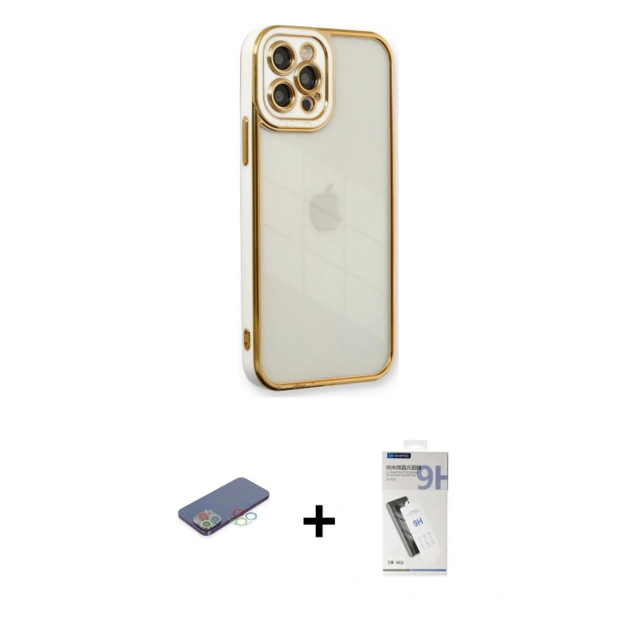 MARSİLYAN™- iPhone 12 Pro Kılıf Çekirdek Klasik Serisi - Şeffaf Uv Polymer Nano Ekran Koruyucu + Renkli Kamera Lens Koruma Cam - MI