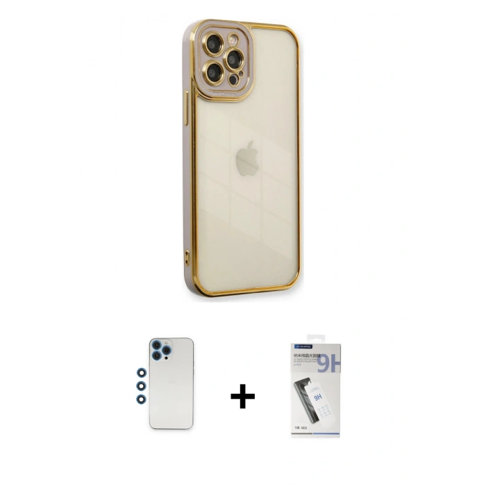MARSİLYAN™- iPhone 12 Pro Kılıf Çekirdek Klasik Serisi - Şeffaf Uv Polymer Nano Ekran Koruyucu + Mavi Shine Kamera Lens
