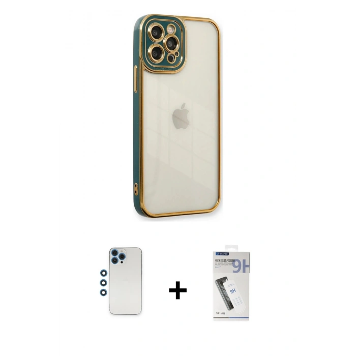 MARSİLYAN™- iPhone 12 Pro Kılıf Çekirdek Klasik Serisi - Şeffaf Uv Polymer Nano Ekran Koruyucu + Mavi Shine Kamera Lens