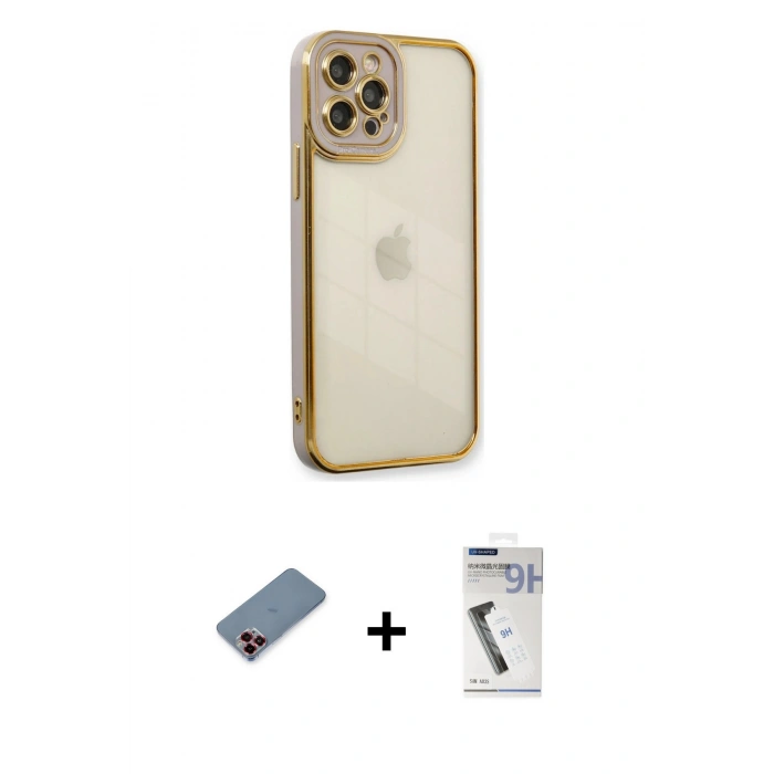 MARSİLYAN™- iPhone 12 Pro Kılıf Çekirdek Klasik Serisi - Şeffaf Uv Polymer Nano Ekran Koruyucu + Metal Kamera Lens Koruma Cam - KI