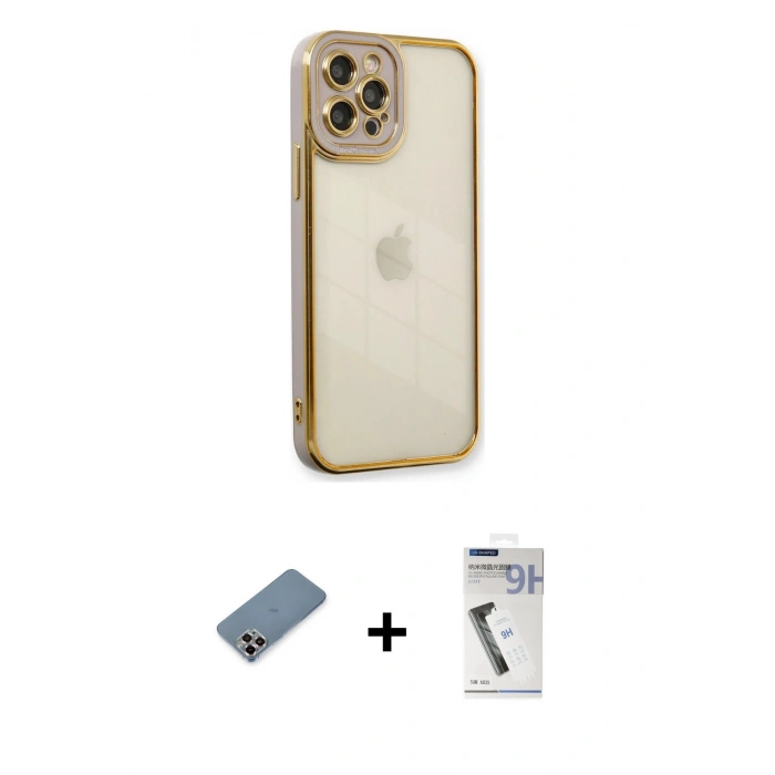 MARSİLYAN™- iPhone 12 Pro Kılıf Çekirdek Klasik Serisi - Şeffaf Uv Polymer Nano Ekran Koruyucu + Metal Kamera Lens Koruma Cam - MR