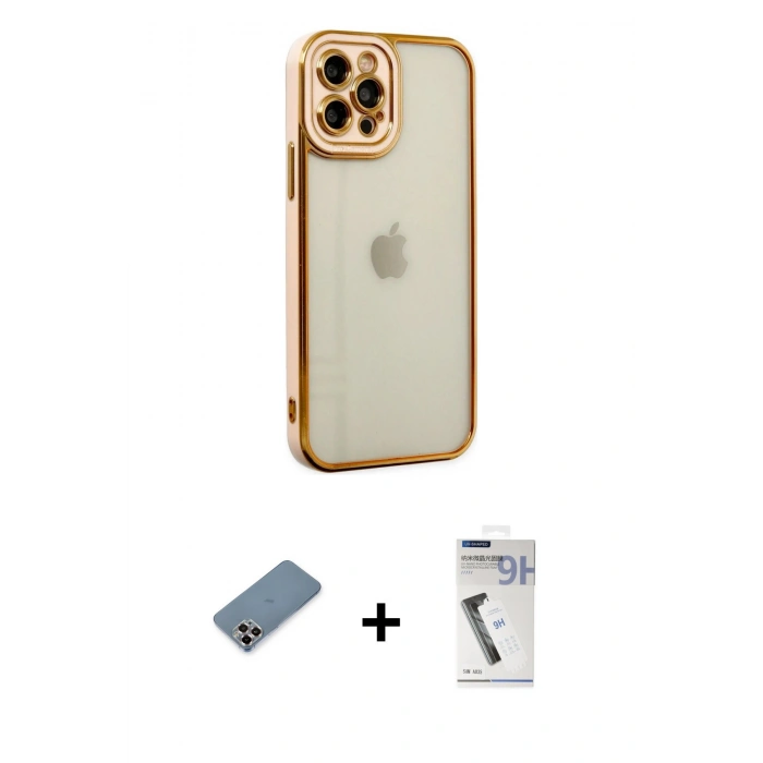 MARSİLYAN™- iPhone 12 Pro Kılıf Çekirdek Klasik Serisi - Şeffaf Uv Polymer Nano Ekran Koruyucu + Metal Kamera Lens Koruma Cam - MR