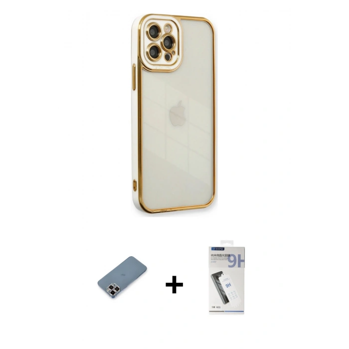MARSİLYAN™- iPhone 12 Pro Kılıf Çekirdek Klasik Serisi - Şeffaf Uv Polymer Nano Ekran Koruyucu + Metal Kamera Lens Koruma Cam - MR