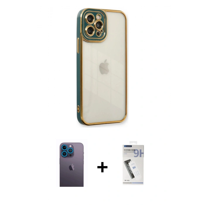 MARSİLYAN™- iPhone 12 Pro Kılıf Çekirdek Klasik Serisi - Şeffaf Uv Polymer Nano Ekran Koruyucu + Neon Fosforlu Kamera Lens - MI