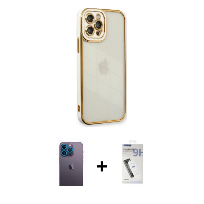 MARSİLYAN™- iPhone 12 Pro Kılıf Çekirdek Klasik Serisi - Şeffaf Uv Polymer Nano Ekran Koruyucu + Neon Fosforlu Kamera Lens - MI