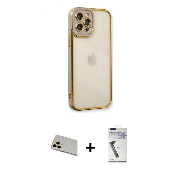 MARSİLYAN™- iPhone 12 Pro Kılıf Çekirdek Klasik Serisi - Şeffaf Uv Polymer Nano Ekran Koruyucu + Rainbow Kamera Lens Koruma Cam - GD