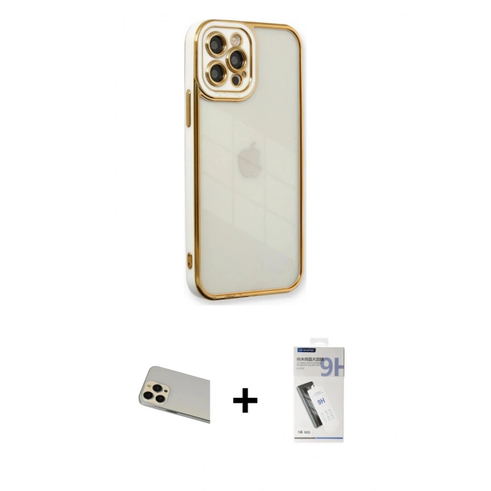 MARSİLYAN™- iPhone 12 Pro Kılıf Çekirdek Klasik Serisi - Şeffaf Uv Polymer Nano Ekran Koruyucu + Rainbow Kamera Lens Koruma Cam - GD