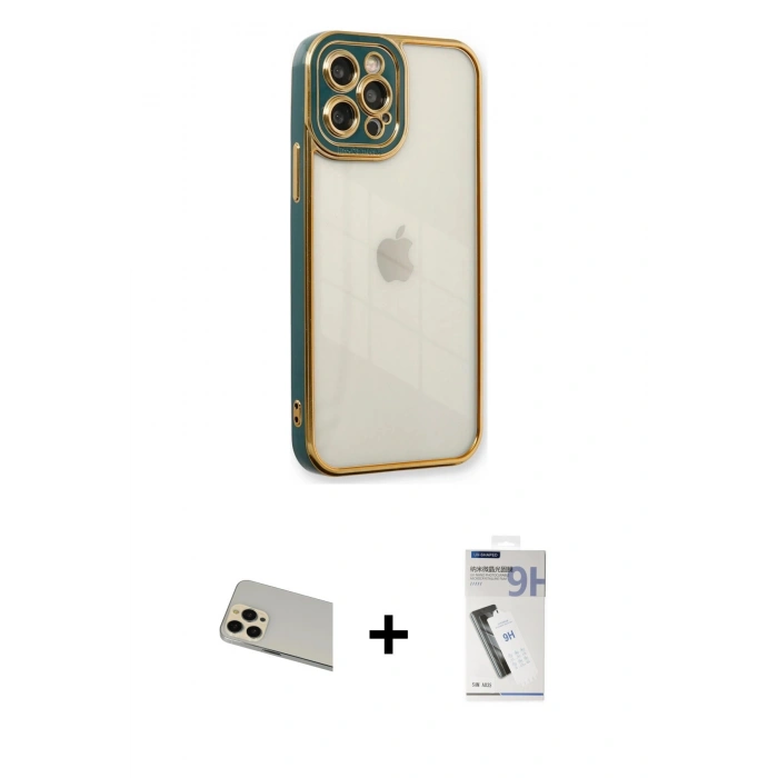 MARSİLYAN™- iPhone 12 Pro Kılıf Çekirdek Klasik Serisi - Şeffaf Uv Polymer Nano Ekran Koruyucu + Rainbow Kamera Lens Koruma Cam - GD