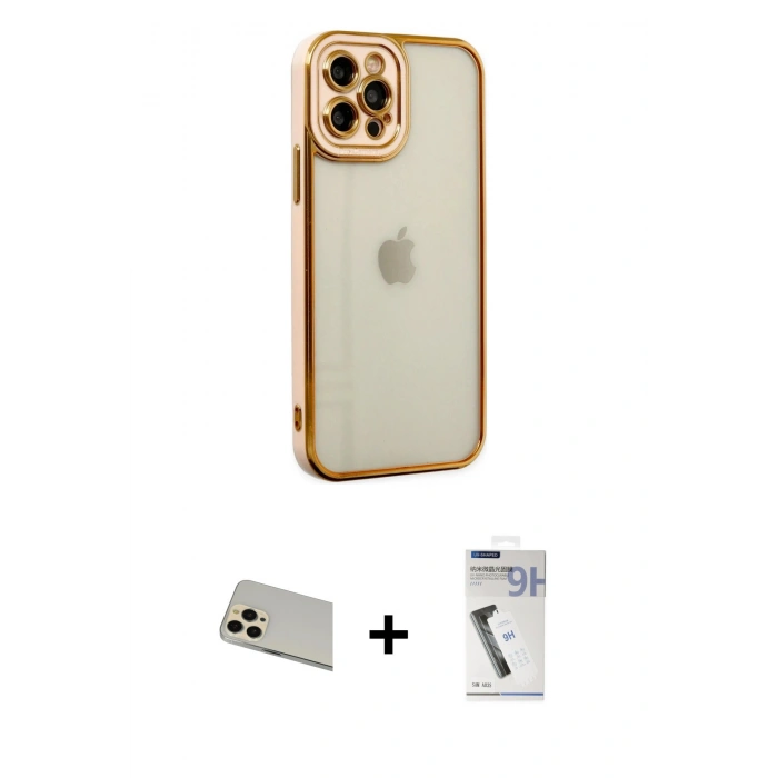 MARSİLYAN™- iPhone 12 Pro Kılıf Çekirdek Klasik Serisi - Şeffaf Uv Polymer Nano Ekran Koruyucu + Rainbow Kamera Lens Koruma Cam - GD