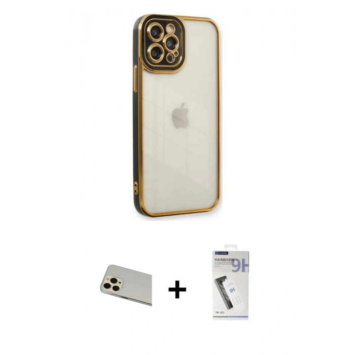 MARSİLYAN™- iPhone 12 Pro Kılıf Çekirdek Klasik Serisi - Şeffaf Uv Polymer Nano Ekran Koruyucu + Rainbow Kamera Lens Koruma Cam - GD