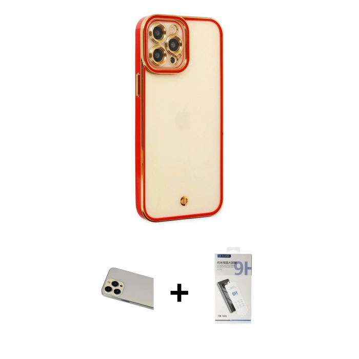 MARSİLYAN™- iPhone 12 Pro Kılıf Çekirdek Klasik Serisi - Şeffaf Uv Polymer Nano Ekran Koruyucu + Rainbow Kamera Lens Koruma Cam - GD