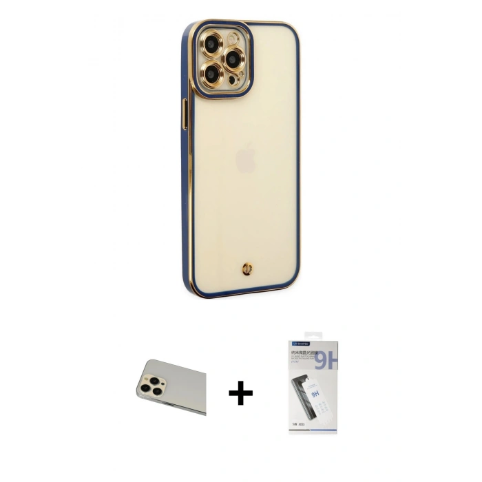 MARSİLYAN™- iPhone 12 Pro Kılıf Çekirdek Klasik Serisi - Şeffaf Uv Polymer Nano Ekran Koruyucu + Rainbow Kamera Lens Koruma Cam - GD