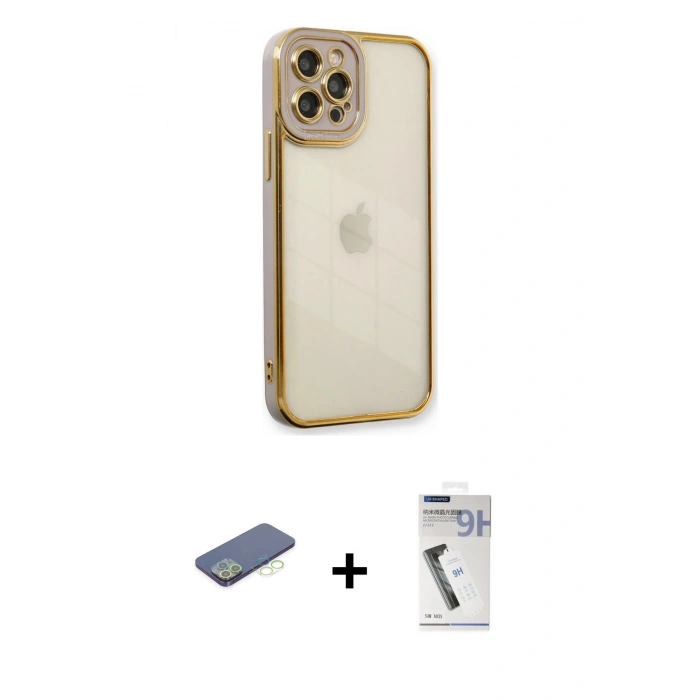 MARSİLYAN™- iPhone 12 Pro Kılıf Çekirdek Klasik Serisi - Şeffaf Uv Polymer Nano Ekran Koruyucu + Renkli Kamera Lens Koruma Cam - YL