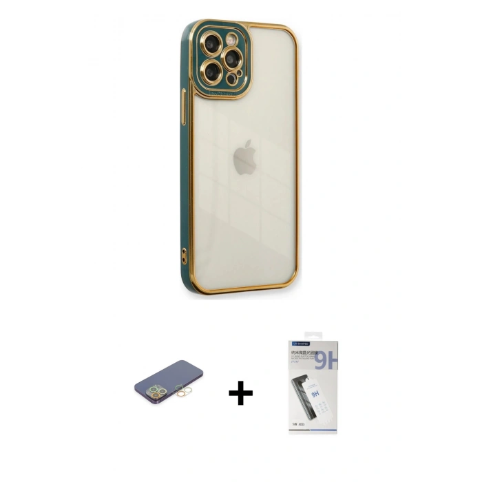 MARSİLYAN™- iPhone 12 Pro Kılıf Çekirdek Klasik Serisi - Şeffaf Uv Polymer Nano Ekran Koruyucu + Renkli Kamera Lens Koruma Cam - SI