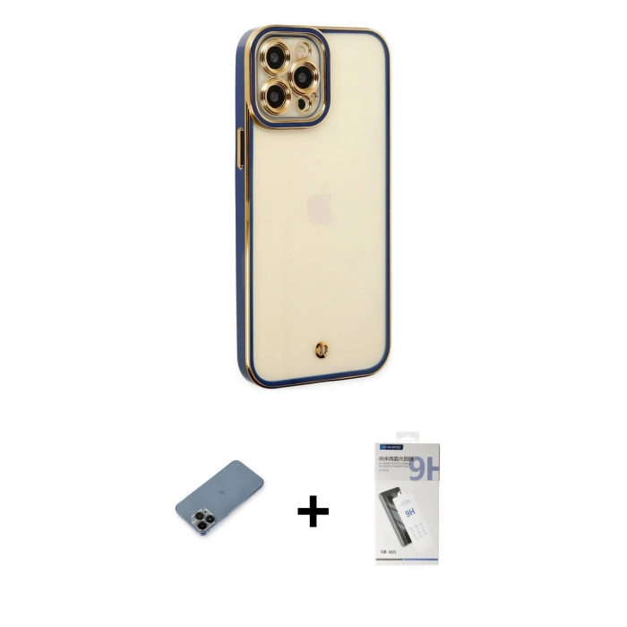 MARSİLYAN™- iPhone 12 Pro Kılıf Çekirdek Klasik Serisi - Şeffaf Uv Polymer Nano Ekran Koruyucu + Shine Kamera Lens Koruma Cam - SH