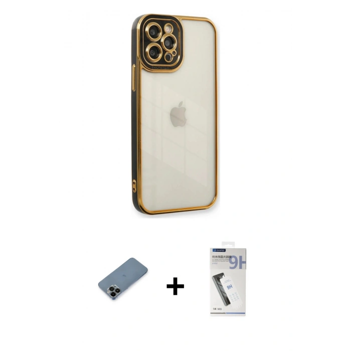 MARSİLYAN™- iPhone 12 Pro Kılıf Çekirdek Klasik Serisi - Şeffaf Uv Polymer Nano Ekran Koruyucu + Shine Kamera Lens Koruma Cam - SH