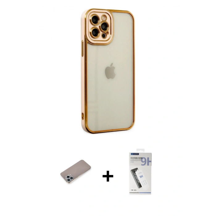 MARSİLYAN™- iPhone 12 Pro Kılıf Çekirdek Klasik Serisi - Şeffaf Uv Polymer Nano Ekran Koruyucu + Shine Kamera Lens Koruma Cam - SABE