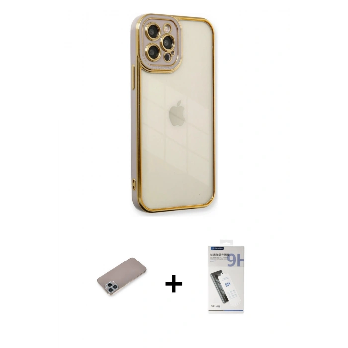 MARSİLYAN™- iPhone 12 Pro Kılıf Çekirdek Klasik Serisi - Şeffaf Uv Polymer Nano Ekran Koruyucu + Shine Kamera Lens Koruma Cam - SABE