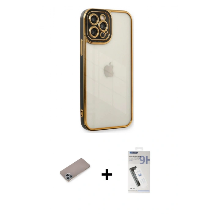 MARSİLYAN™- iPhone 12 Pro Kılıf Çekirdek Klasik Serisi - Şeffaf Uv Polymer Nano Ekran Koruyucu + Shine Kamera Lens Koruma Cam - SABE