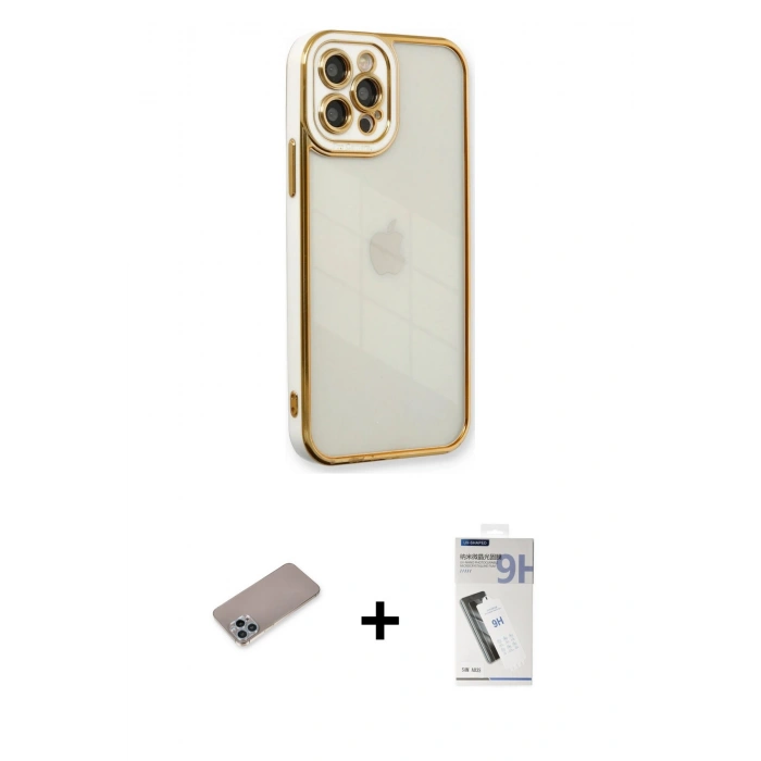 MARSİLYAN™- iPhone 12 Pro Kılıf Çekirdek Klasik Serisi - Şeffaf Uv Polymer Nano Ekran Koruyucu + Shine Kamera Lens Koruma Cam - SABE
