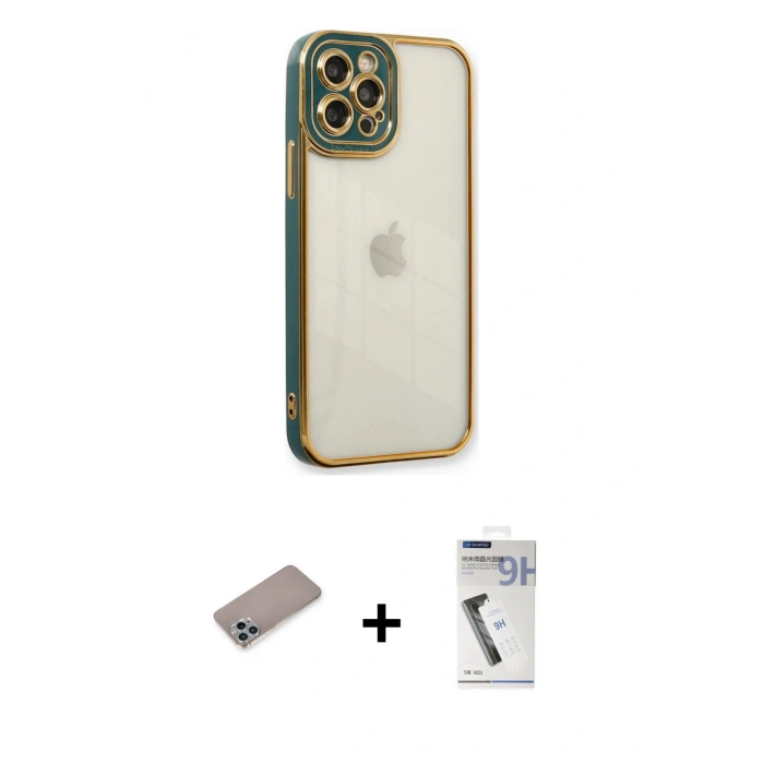 MARSİLYAN™- iPhone 12 Pro Kılıf Çekirdek Klasik Serisi - Şeffaf Uv Polymer Nano Ekran Koruyucu + Shine Kamera Lens Koruma Cam - SABE
