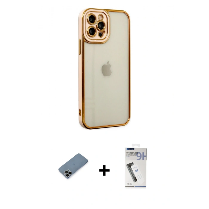 MARSİLYAN™- iPhone 12 Pro Kılıf Çekirdek Klasik Serisi - Şeffaf Uv Polymer Nano Ekran Koruyucu + Siyah Shine Kamera Lens Koruma Cam