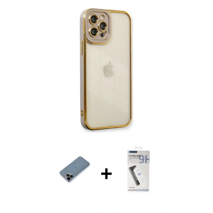 MARSİLYAN™- iPhone 12 Pro Kılıf Çekirdek Klasik Serisi - Şeffaf Uv Polymer Nano Ekran Koruyucu + Siyah Shine Kamera Lens Koruma Cam