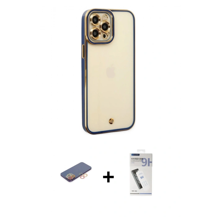 MARSİLYAN™- iPhone 12 Pro Kılıf Çekirdek Klasik Serisi - Şeffaf Uv Polymer Nano Ekran Koruyucu + Renkli Kamera Lens Koruma Cam - TU