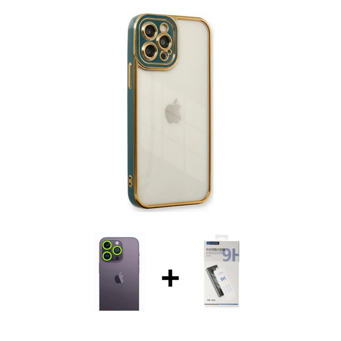 MARSİLYAN™- iPhone 12 Pro Kılıf Çekirdek Klasik Serisi - Şeffaf Uv Polymer Nano Ekran Koruyucu + Neon Fosforlu Kamera Lens - YL