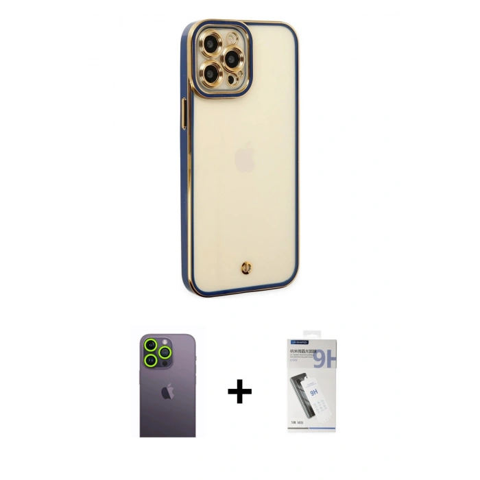 MARSİLYAN™- iPhone 12 Pro Kılıf Çekirdek Klasik Serisi - Şeffaf Uv Polymer Nano Ekran Koruyucu + Neon Fosforlu Kamera Lens - YL