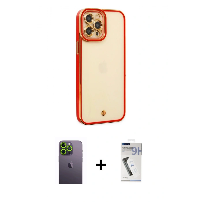 MARSİLYAN™- iPhone 12 Pro Kılıf Çekirdek Klasik Serisi - Şeffaf Uv Polymer Nano Ekran Koruyucu + Neon Fosforlu Kamera Lens - YL