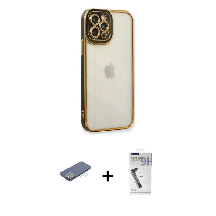 MARSİLYAN™- iPhone 12 Pro Kılıf Çekirdek Klasik Serisi - Şeffaf Uv Polymer Nano Ekran Koruyucu + Renkli Kamera Lens Koruma Cam - YL