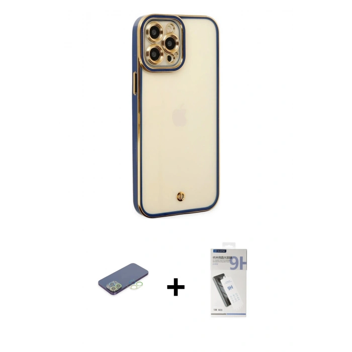 MARSİLYAN™- iPhone 12 Pro Kılıf Çekirdek Klasik Serisi - Şeffaf Uv Polymer Nano Ekran Koruyucu + Renkli Kamera Lens Koruma Cam - YL