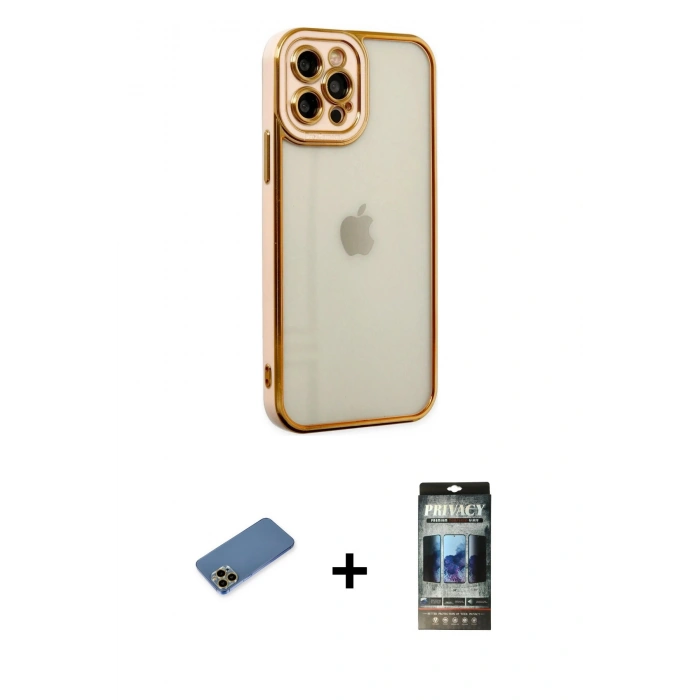 MARSİLYAN™- iPhone 12 Pro Kılıf Çekirdek Klasik Serisi - Siyah 34D Hayalet Izgaralı Cam + Shine Kamera Lens Koruma Cam - GD