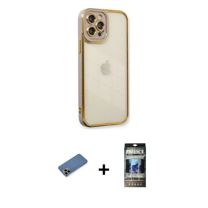 MARSİLYAN™- iPhone 12 Pro Kılıf Çekirdek Klasik Serisi - Siyah 34D Hayalet Izgaralı Cam + Shine Kamera Lens Koruma Cam - GD