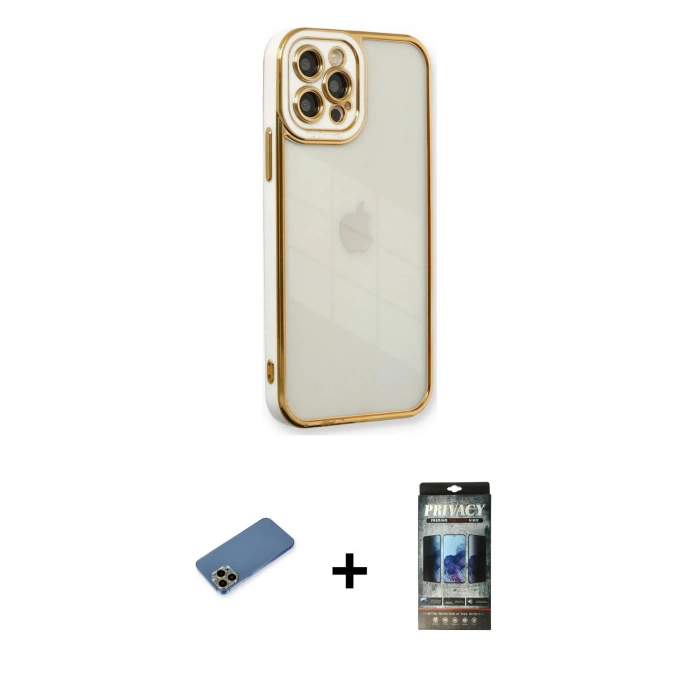 MARSİLYAN™- iPhone 12 Pro Kılıf Çekirdek Klasik Serisi - Siyah 34D Hayalet Izgaralı Cam + Shine Kamera Lens Koruma Cam - GD