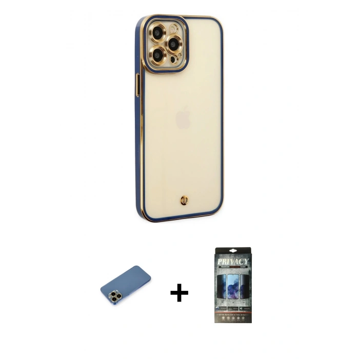MARSİLYAN™- iPhone 12 Pro Kılıf Çekirdek Klasik Serisi - Siyah 34D Hayalet Izgaralı Cam + Shine Kamera Lens Koruma Cam - GD