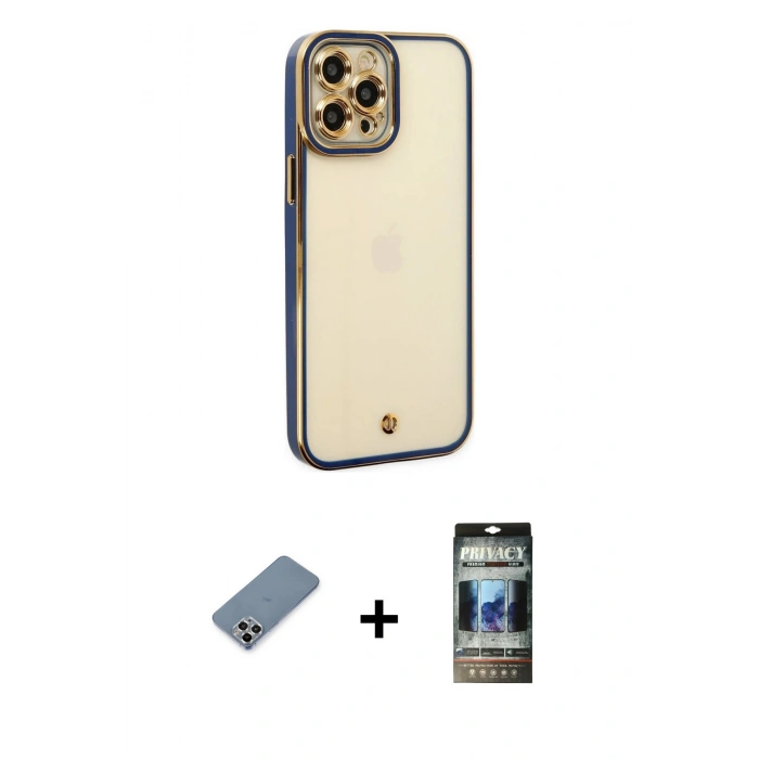 MARSİLYAN™- iPhone 12 Pro Kılıf Çekirdek Klasik Serisi - Siyah 34D Hayalet Izgaralı Cam + Metal Kamera Lens Koruma Cam - GS