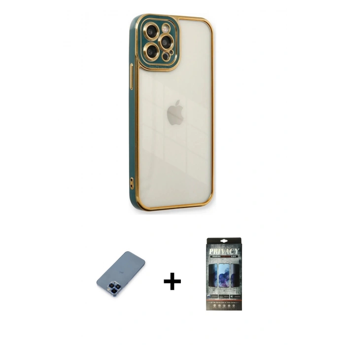 MARSİLYAN™- iPhone 12 Pro Kılıf Çekirdek Klasik Serisi - Siyah 34D Hayalet Izgaralı Cam + Metal Kamera Lens Koruma Cam - MI