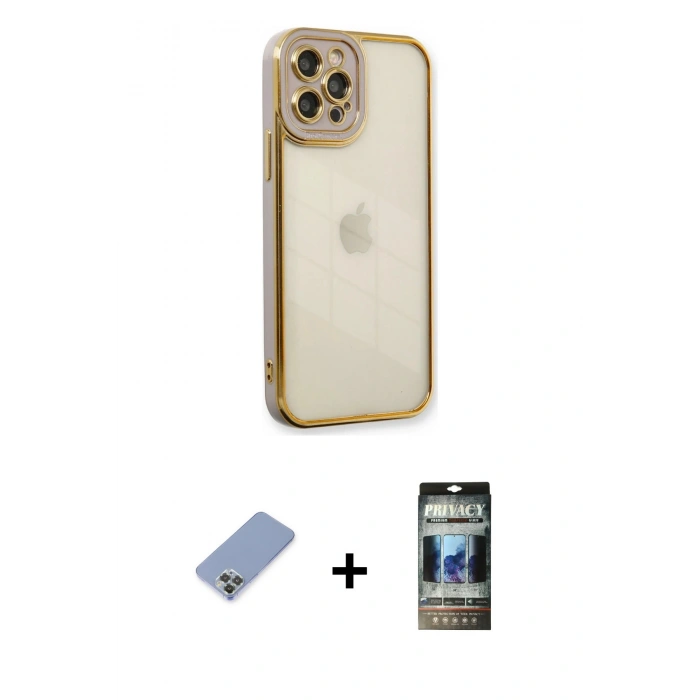 MARSİLYAN™- iPhone 12 Pro Kılıf Çekirdek Klasik Serisi - Siyah 34D Hayalet Izgaralı Cam + Metal Kamera Lens Koruma Cam - KUYL