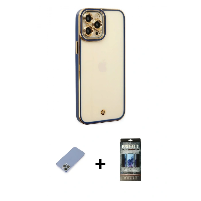 MARSİLYAN™- iPhone 12 Pro Kılıf Çekirdek Klasik Serisi - Siyah 34D Hayalet Izgaralı Cam + Metal Kamera Lens Koruma Cam - KUYL