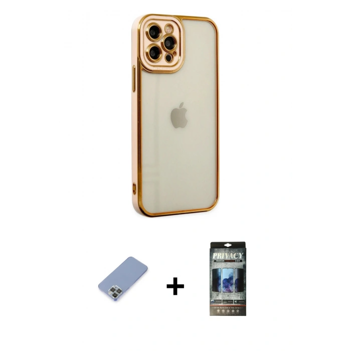 MARSİLYAN™- iPhone 12 Pro Kılıf Çekirdek Klasik Serisi - Siyah 34D Hayalet Izgaralı Cam + Metal Kamera Lens Koruma Cam - KUYL