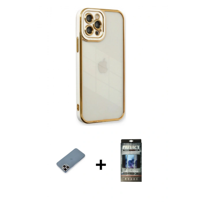 MARSİLYAN™- iPhone 12 Pro Kılıf Çekirdek Klasik Serisi - Siyah 34D Hayalet Izgaralı Cam + Metal Kamera Lens Koruma Cam - MR