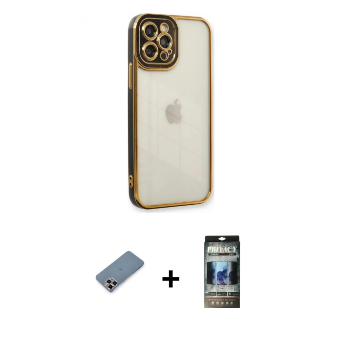 MARSİLYAN™- iPhone 12 Pro Kılıf Çekirdek Klasik Serisi - Siyah 34D Hayalet Izgaralı Cam + Metal Kamera Lens Koruma Cam - MR