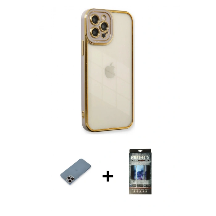 MARSİLYAN™- iPhone 12 Pro Kılıf Çekirdek Klasik Serisi - Siyah 34D Hayalet Izgaralı Cam + Metal Kamera Lens Koruma Cam - MR